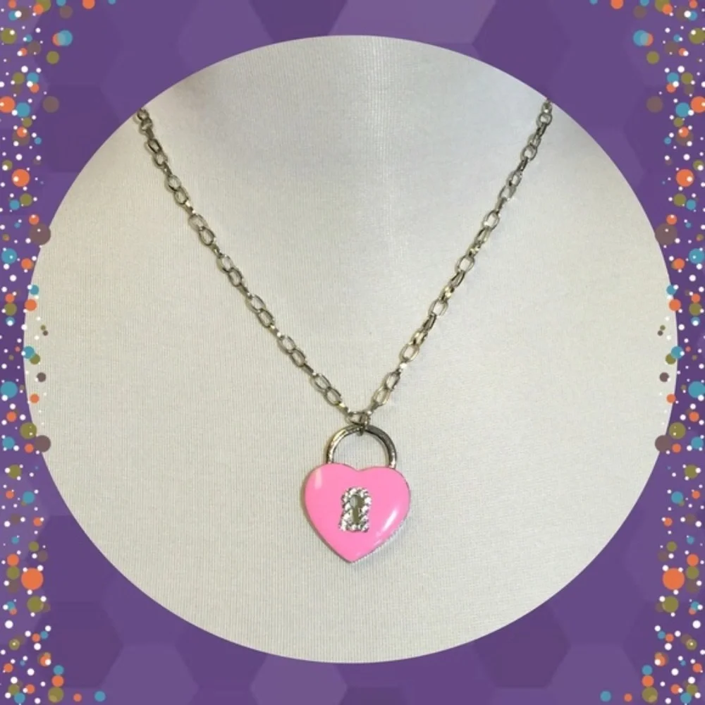 2/$10 Girls Pink Heart Lock Rhinestone Pendant Necklace | 7 Inch